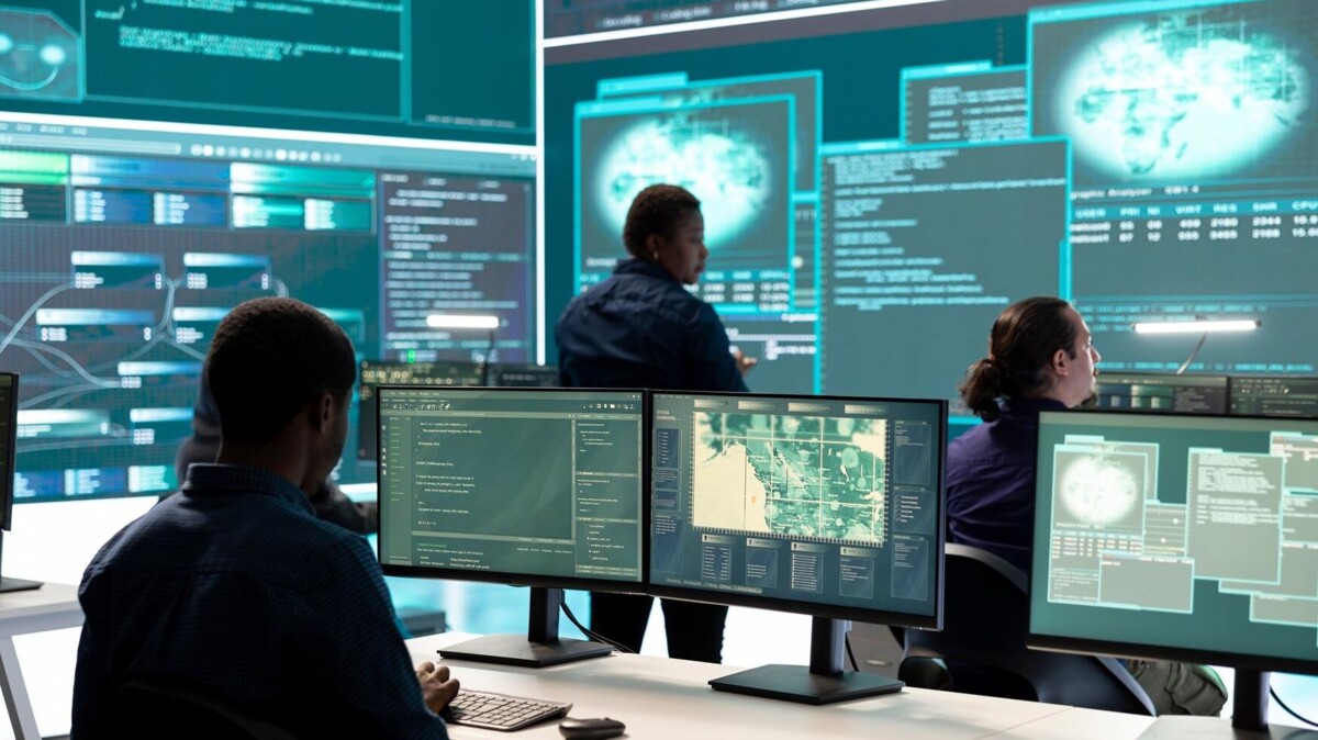 Mensen veiligheidsdienst achter computer